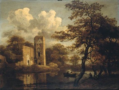 Meindert Hobbema (1638-1709) A River Landscape with a Ruined Building and Figures 1660s Gallery Drawing, Forms Of Poetry, Baroque Painting, 19th Century Paintings, Dutch Golden Age, William Blake, Woodland Scene, Human History, The Ruins