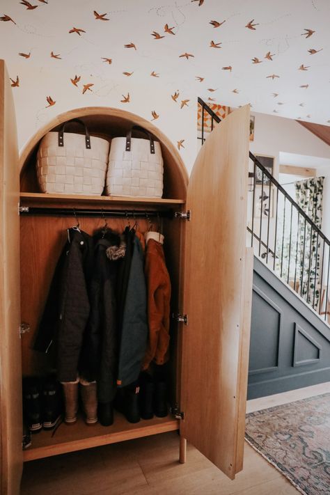 Maximize Storage in Entry with Dresser, Armoire and Coat Tree - Nesting With Grace Freestanding Coat Closet, Entryway With Armoire, Armoire Coat Closet, Free Standing Coat Closet, Hidden Coat Storage, Coat Armoire, Coat Closet Armoire, Entry Dresser, Closet Armoire