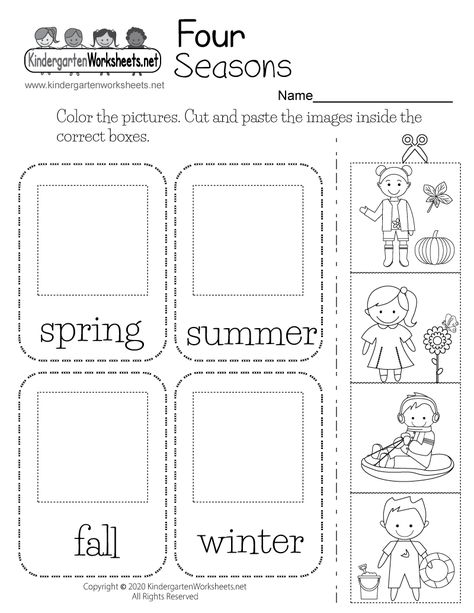 Free Printable Four Seasons Worksheet Kindergarten Seasons, Preschool Seasons, Seasons Kindergarten, Seasons Preschool, Seasons Worksheets, Pre K Worksheets, Weather Worksheets, The 4 Seasons, Cut And Paste Worksheets