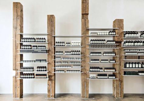 Interior Beams, Old Furniture Repurposed, Aesop Store, Aluminum Shelves, 카페 인테리어 디자인, Store Interiors, Light Well, Wine Store, Retail Interior