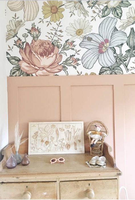 Muted Floral Nursery, Vintage Floral Wallpaper Nursery, Wallpaper And Panelling Kids Bedroom, Pink Board And Batten With Wallpaper, Half Wallpaper Nursery, Floral Wallpaper With Board And Batten, Floral Wallpaper And Panelling, Girls Room With Wallpaper Accent Wall, Girls Floral Bedroom Ideas