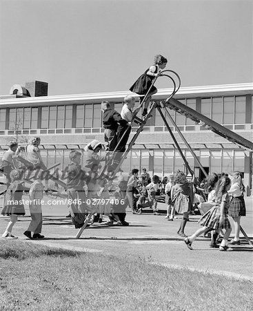 1950s ELEMENTARY SCHOOL PLAYGROUND AT RECESS WITH LINE OF CHILDREN CLIMBING LADDER OF SLIDE Stock Photo Elementary School Playground, 1950s Life, School Recess, Climbing Ladder, Childhood Memories 70s, Back In My Day, My Memories, School Playground, Park Playground