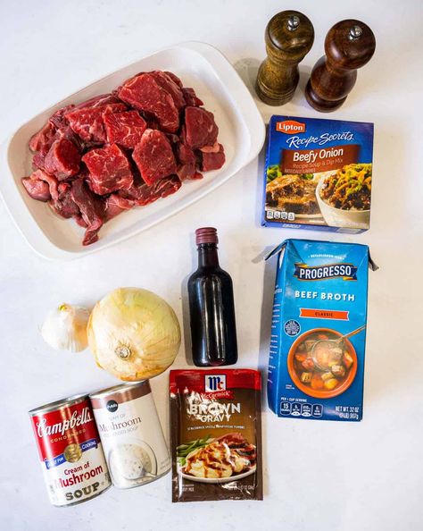 Chuck Roast Beef Tips, Beef Tips And Gravy Dutch Oven, Oven Beef Tips Recipe, Beef Tips French Onion Soup Crock Pot, Beef Tips Onion Soup, Recipes With Beef Chunks, Beef Tips And Gravy Stove Top Quick, No Peek Beef Tips Crockpot, Beef Round Chunks Recipes