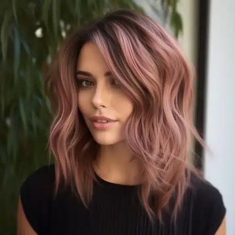 Deep Rose Hair Color, Blush Hair Color Brunettes, Pastel Pink On Brown Hair, Dark Brown And Rose Gold Hair, Silver Rose Gold Hair, Rose Gold Highlights Brunette Dark Brown Balayage Hair, Pink On Grey Hair, Dark Hair With Rose Gold Highlights, Rosewood Hair Color