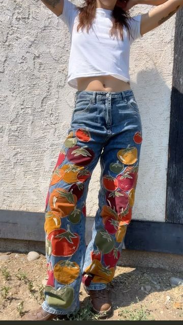 Red Hat Creative on Instagram: "Custom pair of tomato pants - these things take me forever but the end is SO worth it   🍅🍅🍅  It’s tomato girl summer y’all - happy pickin’  #tomato #fitcheck #explore #explorepage #summerfashion #fashionweek #handmade #smallartist #shopsmall" Tomato Fashion, Tomato Girl Summer, Tomato Girl, Random Character, Patchwork Clothes, Denim Outfits, Fall Fits, Red Hat, Red Hats