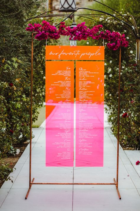 "Our favorite people" seating chart. Such a cool idea! #neonwedding #seatingchart #uniqueideas #weddingideas Our Favorite People Seating Chart, Orange And Pink Wedding, Boda Mexicana, Palm Springs Wedding, Neon Wedding, Orange And Pink, Seating Chart Wedding, Wedding Mood, Wedding Signage