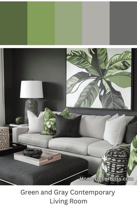 Contemporary Living Room: Green Botanical Prints and Gray Color Scheme Green And Grey Sofa Living Room, Gray And Green Living Room Decor, Green And Gray Color Palette Living Room, Olive Green And Gray Living Room, Black White Green Living Room, Gray Green Living Room, Grey Green Living Room, Green And Gray Living Room, Gray Color Palette Living Room