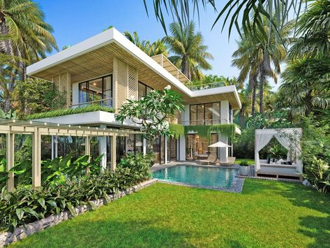 The Eco | Villa Builders in Bali | Balitecture Bali Style Home House Plans, Tropical Houses Exterior Bali Style, Bali Villa Floorplan, Bali House Plans, Bali Villa Design Tropical Homes, Modern Bali House, Bali House Design Villas, Tropical House Exterior, Balinese Villa