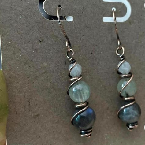 These Ooak Boho Earrings Consist Of Rainbow Moonstones, Epidote In Phrenite And Labradorite Made On Bare Copper And Put Through An Antiquing Process Where Everything Is Blackened, Scrubbed, Buffed, Polished And Sealed - Hand Forged Hammered Ear Hooks Create Your Own Jewelry, Glass Bead Wire Jewelry, Beaded Wire Wrapped Earrings, Ear Wire Earrings, Clay And Wire Earrings, 26 Gauge Wire Jewelry, Wire Wrapped Gemstone Earrings, Bead Wire Wrapping, Drop Bead Earrings