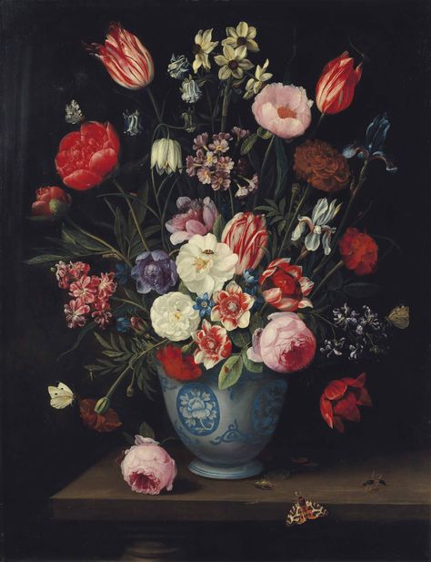 Jan van Kessel I (Antwerp 1626-1679) Roses, tulips, carnations an iris and other flowers in a Chinese transitional blue and white jardiniere with moths and other insects on a ledge Deco Panel, Dutch Still Life, Painting Of Flowers, Blush Wallpaper, French Floral, A4 Poster, Wallpaper Decor, Tulips Flowers, Still Life Painting