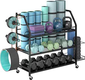 Amazon.com : Staransun Home Gym Storage Rack - Weight Rack for Dumbbells - Yoga Mat Storage Rack with Two Extra Side Storage Space - Garage Storage with Caster Wheels - Workout Equipment Organizer - Easy to Assemble : Sports & Outdoors Workout Equipment Storage, Gym Rack, Home Gym Organization, Gym Organizer, Home Gym Storage, Gym Storage, Sports Storage, Yoga Mat Storage, Weight Rack