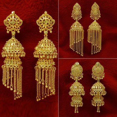 Gold Jhumka, Jhumka Designs, Gold Earrings Indian, Gold Jhumka Earrings, Bridal Necklace Designs, Earring Styles, Jewelry Styles, Gold Bridal Earrings, Real Gold Jewelry