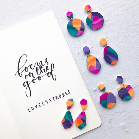 Painted Jewellery, Handlettering Calligraphy, Unique Handcrafted Jewelry, Tanah Liat, Polymer Earrings, Polymer Clay Jewelry Diy, Painted Jewelry, Hand Painted Jewelry, Freshly Picked