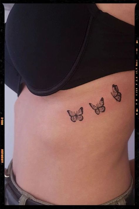 3 Butterfly Rib Tattoo, Rib Cage Tattoos For Women Butterfly, 3 Butterfly Tattoo Ribs, Butterfly Hip Tattoos Women, Butterfly Tattoo Chest Woman, Butterfly Ribcage Tattoo, Rib Butterfly Tattoo, Butterfly Tattoo On Ribs, Butterfly Underboob Tattoo