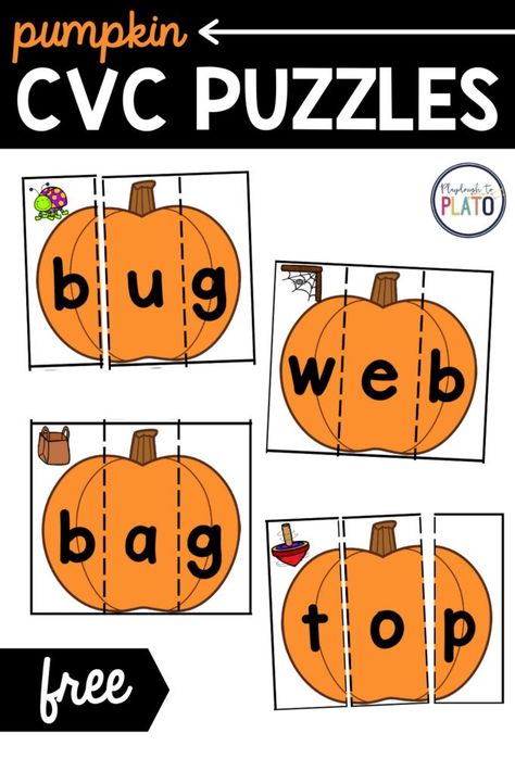 These pumpkin CVC puzzles make the perfect fall literacy center for kindergarten and first grade students. Students will love putting pumpkin puzzle pieces together to build words that match each picture! Teachers will love the easy set up and engaging game for their students! #CVCwords #literacycenters #fallcenters Fall Phonics Activities First Grade, Pumpkin Cvc Free, Fall Cvc Activities, Fall Short Vowel Activities, Pumpkin Cvc Activities, Pumpkin 1st Grade Activities, Pumpkin Ela Activities, Pumpkin Week First Grade, Fall Theme Kindergarten Activities