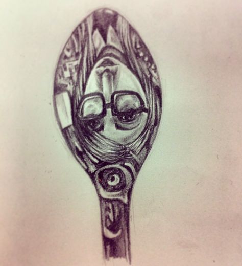 Reflective spoon portrait Spoon Reflection Drawing, Spoon Reflection, Reflection Portrait, Selfie Drawing, Transformation Art, Reflection Drawing, Reflection Art, Drawing Easy, Portrait Drawing