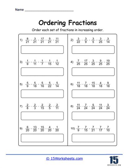 More Ordering 5 Fractions Worksheet - 15 Worksheets.com Ordering Fractions Worksheet, Benchmark Fractions, Ordering Fractions, Maths Worksheets, Comparing Fractions, Math Sheets, Common Denominator, Mathematics Worksheets, Equivalent Fractions