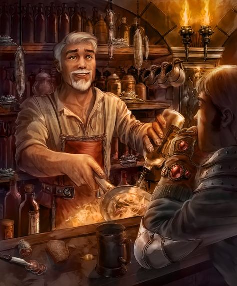 Card: Barkeep Tavern Bartender Art, Dnd Barkeep Art, Tavern Owner Art, Fantasy Tavern Owner, Tavern Keeper Character, Shop Keeper Character Design, Dnd Npc Characters, Fantasy Tavern Art, Fantasy Bartender