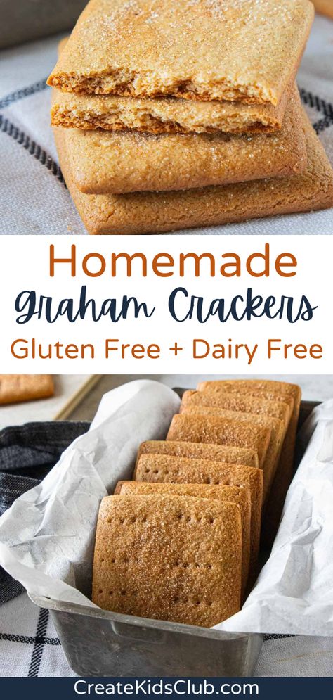 Our gluten free graham cracker recipe is easy to make and tastes great. These are great for after school snacks, packed in a lunchbox, or served as s'mores! Made with an almond flour blend and shortening, these graham crackers are both gluten-free and dairy-free. The addition of cinnamon, honey and almond extract truly makes these graham crackers exceptional. Gluten Free Rice Krispie Treats Recipes, Gluten Free Sourdough Crackers, Gluten Free Crackers Recipe, Recipes With Graham Crackers, Date Recipes Gluten Free, Healthy Gluten Free Snacks, Gluten Free Graham Cracker Recipe, Dairy Free Gluten Free Recipes, Gluten Dairy Free Recipes