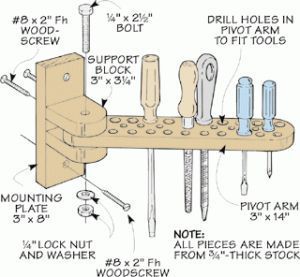 Simple and functional Swing-Out Tool Holder. This looks practical and functional, when wall space in your shop is at a premium! Workshop Organisation, Bar Plans, Smart Tiles, Tool Rack, Workshop Organization, Diy Holz, Shop Organization, Woodworking Jigs, Teds Woodworking