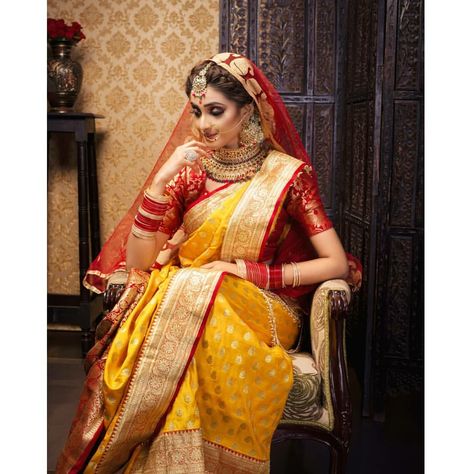 Yellow Wedding Saree, Indian Bridal Wear Red, Bengali Bridal Makeup, Indian Wedding Bride, Red Bridal Dress, Bengali Bride, Indian Bride Outfits, Bridal Lehenga Collection, Wedding Saree Collection