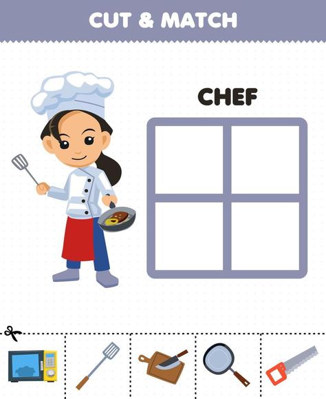 Education game for children cut and match the correct stuff for cute cartoon chef profession printable worksheet Cartoon Firefighter, Cartoon Chef, Preschool Activities Printable, Body Parts Preschool, All About Me Preschool, Life Skills Classroom, Preschool Activities Toddler, Game For Children, Flashcards For Kids