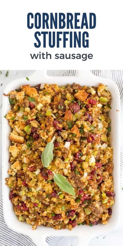 The Best Ever Cornbread Sausage Stuffing has a sweet and savory blend of cornbread, Italian sausage, sautéed vegetables, cranberries and herbs, all baked to golden brown deliciousness. It’s the perfect healthy side dish this holiday season! Cornbread Sausage Cranberry Stuffing, Cornbread And Sausage Stuffing, Cranberry Cornbread Stuffing, Best Ever Cornbread, Sausage Cornbread Dressing, Cornbread Stuffing With Sausage, Cornbread Sausage Stuffing, Thanksgiving Corn Bread, 2023 Thanksgiving