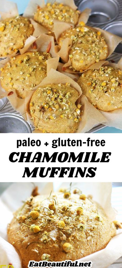 Chamomile Muffins are the most amazing texture and have a wonderful chamomile flavor! Easy, amazing recipe! | Eat Beautiful recipes | gluten free | paleo | muffins | chamomile | herbal food recipes || #chamomile #eatflowers #herbalrecipes #paleomuffins #glutenfree #muffins #paleo #muffins Dried Chamomile Uses, Chamomile Recipes Food, Herbal Food Recipes, Chamomile Biscuits, Herbal Recipes Food, Witchy Food Recipes, Witchy Recipes Food, Herbal Desserts, Chamomile Tea Cake