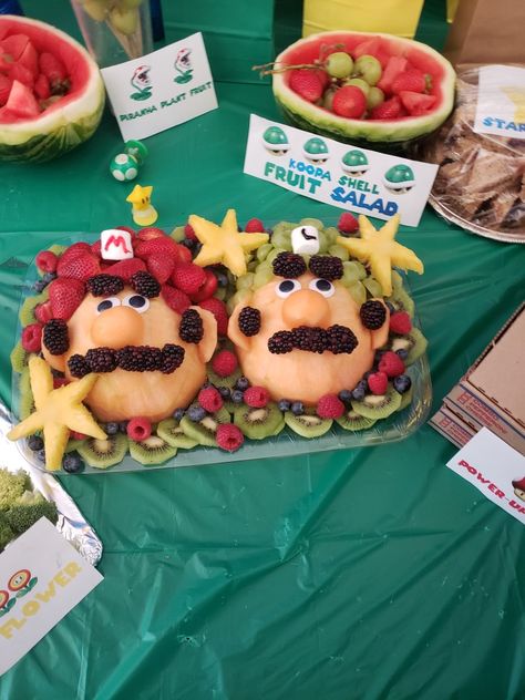 Mario And Luigi Birthday Party Food, Super Mario Veggie Tray, Mario Food Party, Super Mario Jello Ideas, Mario And Luigi Themed Birthday Party, Mario Bros Party Food Ideas, One Year Old Mario Party, Super Mario Fruit Platter, Super Mario Birthday Food Ideas