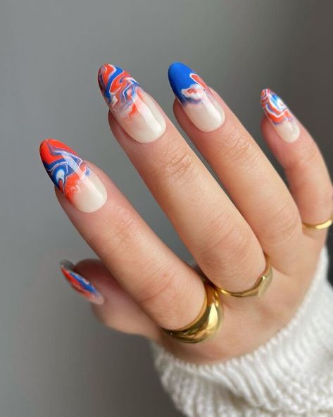 Almond Nails French Tip, Royal Blue And Orange, Almond Nails Designs Summer, Almond Nails French, Blue Nail Art Designs, Royal Blue Nails, Orange Nail Designs, Orange Nail, Chic Nail Art