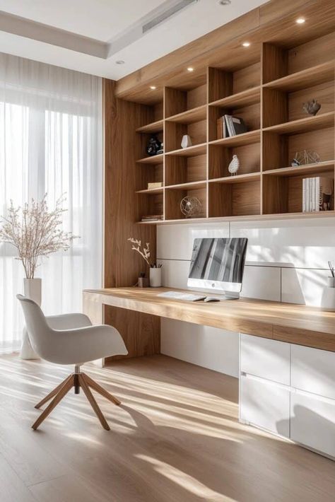 Contemporary White and Wood Office Middle Of Room Desk Office Ideas, Office Built In With Window, Upstairs Loft Office Ideas, Modern Office Shelving, Office Design Ideas Home, Desk Shelves Ideas, White And Wood Home Office, Modern Built In Desk, White And Wood Desk