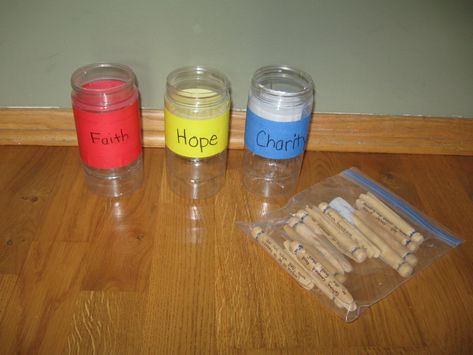 Virtues Game: Faith, Hope and Charity Clothespin Drop - Catechism Angel | Free Resources Faith Diy Crafts, Catholic Kids Crafts, Hope Crafts, Clothes Pin Games, Youth Lessons, Primary Lessons, Catholic Kids, Object Lessons, Games For Teens