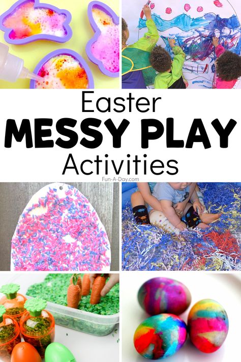 These Easter messy play ideas are perfect for your spring lesson plans! Over 25 Easter-themed messy play activities - science, sensory, art, and crafts for kids. Click on the Fun-A-Day.com link for more information. April Sensory Activities, Messy Easter Activities, Messy Day Activities For Preschool, Spring Messy Play Ideas, Spring Messy Play, Easter Messy Play Ideas, Easter Messy Play, Easter Activity For Kids, Easter Sensory Play