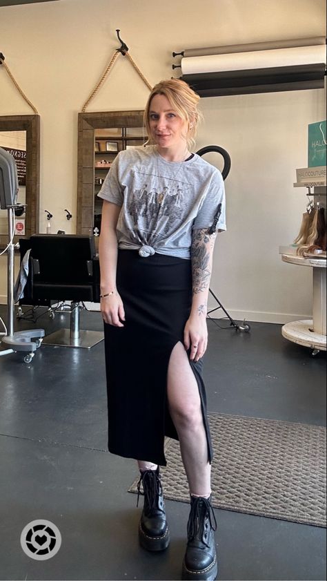 Edgy doc martin band tee midi skirt outfit LTK Aerie dress Midi Skirt Alternative Outfit, Cropped Band Tee Outfit, Oversized Band Tee Outfits, Long Sleeve Tshirt Outfit, Aerie Dress, Band Tee Outfits, Oversized Band Tee, Open Back Midi Dress, Doc Martin