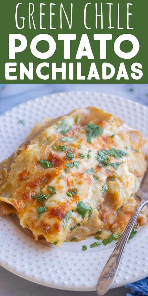 Do you love fresh green chile? If so, you're going to love these Cheesy Green Chile and Potato Enchiladas! These vegetarian enchiladas are the perfect meal to warm you up this winter. They're made with both chopped green chile as well as green chile enchilada sauce. The potatoes are seasoned perfectly and add so much flavor to this easy weeknight dinner! #vegetarianenchiladas #greenchile #cheeseenchiladas #dinnerrecipe #familydinner Vegetarian Bites, Plant Plate, Potato Enchiladas, Green Enchiladas, Green Chile Enchilada Sauce, Green Chile Recipes, Green Chilis, Chile Recipes, Vegetarian Enchiladas