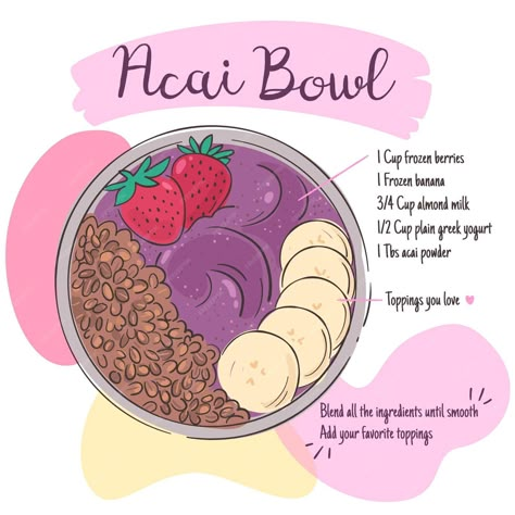 Premium Vector | Acai bowl recipe with fruits Smoothie Bowl Drawing, Acai Bowl Recipe Easy, Acai Recipes, Smoothie Bowls Recipe Easy, Acai Bowl Recipe, Bowl Recipes Easy, Smoothie Bowl Recipe Healthy, Acai Bowls Recipe, Kreative Snacks