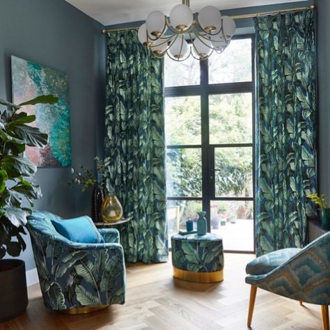 Indigo Curtains, Tropical Trend, Maximalist Style, Maximalist Design, Contemporary Armchair, Printed Velvet, Prestigious Textiles, Interior Display, Trends 2023