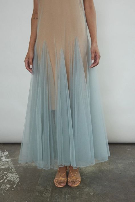 Delicate Fashion Aesthetic, Sheer Dresses Outfit, Semester 5, Fashion Uniform, Tulle Fashion, Layered Tulle Dress, Godet Dress, Camille Dress, Powder Blue Color