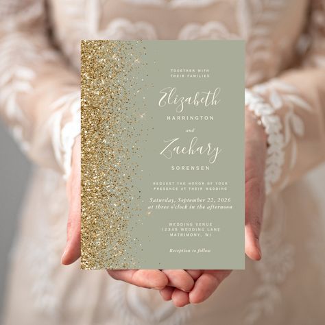 Green And Cream Wedding, Sage Green Wedding Theme, Cream Wedding Invitations, Green Wedding Theme, Sage Green Background, Gold Glitter Wedding, Gold Glitter Background, Elegant Modern Wedding, Wedding Invitations Ideas