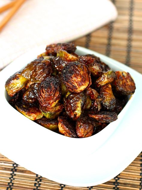 Crispy Asian Brussels Sprouts The Baker Mama, Asian Brussel Sprouts, Baker Mama, Roasted Brussel, Sprout Recipes, Brussels Sprouts Recipe, Veggie Side Dishes, Roasted Brussel Sprouts, Veggie Dishes