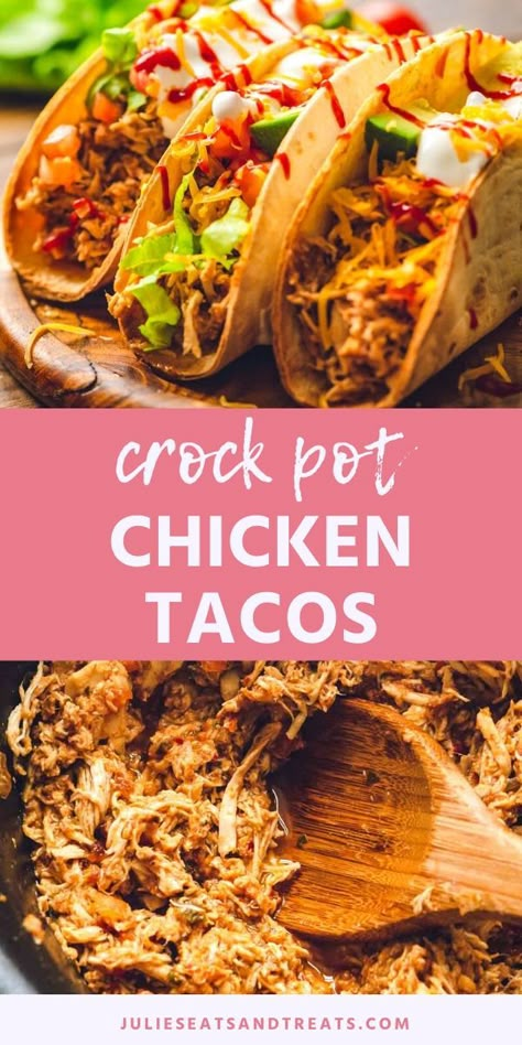 Crock Pot Chicken Tacos only require three ingredients and are an easy dinner recipe! You can use the meat for enchiladas, burritos, nachos, salads and more! Make this quick and easy shredded Mexican Chicken in your crock pot tonight. #mexican #chicken Enchiladas Burritos, Crock Pot Chicken Tacos, Shredded Mexican Chicken, Pulled Chicken Tacos, Crunchwrap Supreme, Slow Cooker Chicken Tacos, Shredded Chicken Tacos, Chicken Tacos Crockpot, Easy Crockpot Chicken