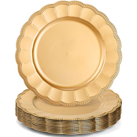 PRICES MAY VARY. Value Package - Set of 12 gold charger plates, 13" in diameter and able to fit 10" and 12" dinner plates, go well with salad plates, soup bowls, and main course dinner plates. Strong & Durable - Made of sturdy plastic and finished for long-lasting use, features a lustrous finish and finely rounded edges with subtly molded bottoms that hold a dinner plate securely. Decorative Charger Plates - A great addition to your dining room table, whether they're protecting your dining table Christmas Dining Table Decorations, Vintage Charger Plates, Plates For Wedding, Gold Charger Plates, Plastic Plates Wedding, Dining Table Decorations, Gold Sequin Tablecloth, Table Chargers, Christmas Dining Table Decor