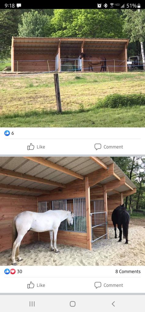 Horse Stable Outside, Outdoor Horse Feeding Stalls, Horse Shelter With Hay Feeder, Horse Shelter With Tack Room, Lean To Horse Shelter, Horses Stables Ideas, Pasture Hay Feeder For Horses, Lean To Shed For Horses, Horse House Ideas