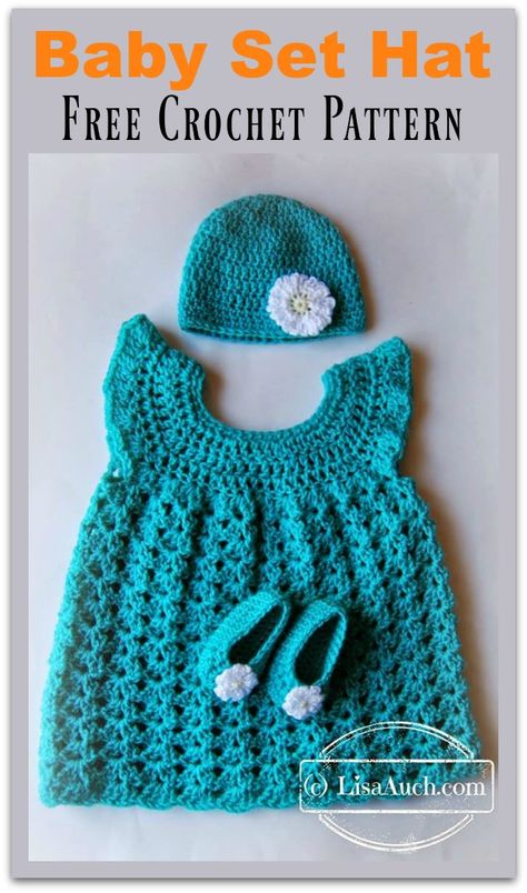 Hat Booties and Dress Baby Set Free Crochet Pattern Crochet Baby Dress Free Pattern, Crochet Baby Girl Dress, Crochet Baby Beanie, Crochet Baby Dress Pattern, Baby Crochet Patterns Free, Baby Hat Patterns, Dress Patterns Free, Crochet Baby Girl, Baby Dress Patterns