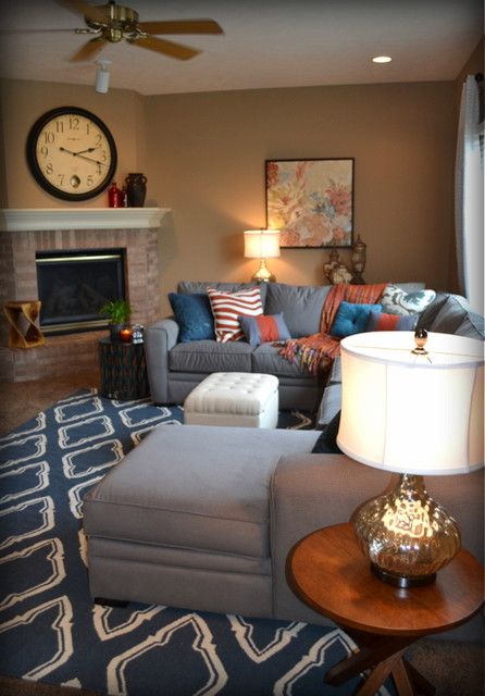 Casual Orange, Blue and Gray Family Room traditional family room Gray Family Room, Grey Family Rooms, Traditional Family Rooms, Traditional Family Room, Summer Living Room, Traditional Family, Family Room Decorating, Room Color, Blue Living Room