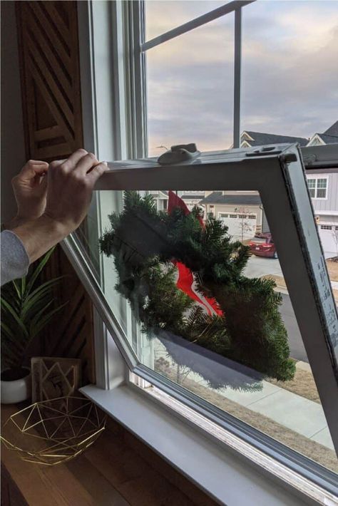 How To Hang Window Wreaths, Christmas Lights Window Outdoor, Hanging Wreaths On Outside Windows, Wreaths On Outdoor Windows, Townhome Christmas Lights, Christmas Decor For Windows Outside, How To Hang Christmas Wreaths On Windows, How To Hang Wreaths On Windows Outdoor, Christmas Decor Windows Outdoor