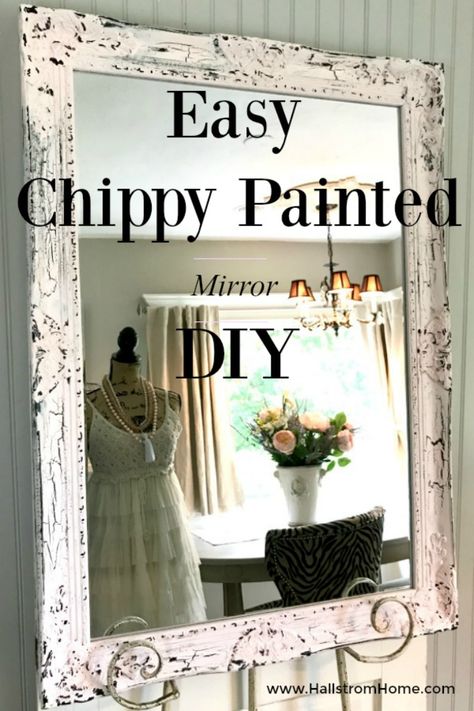 Easy Chippy Painted Mirror DIY Mirror Chalk Paint Ideas, Bathroom Mirror Painting Ideas, Chalk Painted Mirror, Diy Mirror Frame Painting Ideas, Mirror Redo Diy, Mirror Update Diy, Painted Mirror Frames, Distressed Mirror Frame, Painted Mirror Frame