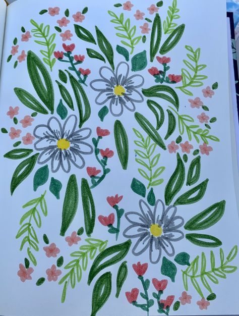 Flowers Drawing With Markers, Doodles On Paintings, Flower Drawings With Markers, How To Draw Pretty Flowers, Floral Marker Art, Flower Posca Art, Drawings With Color Markers, Cool Drawings With Markers, Flower Drawing Collage