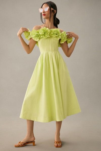 Online Dress Rental | Nuuly Rent Chartreuse Dress, Calf Length Dress, Dress Rental, Ruffled Dress, Pleated Bodice, Green Midi Dress, Little White Dresses, Blooming Flowers, Anthropologie Dress