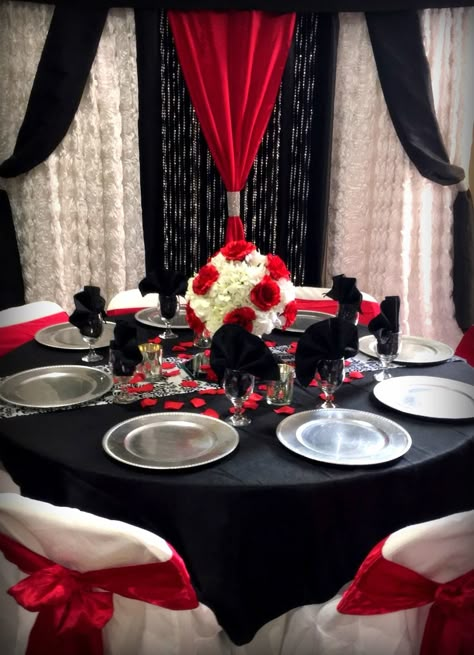 Red,Black and white table with matching backdrop In Home Wedding Decorations, Red Black And White Quinceanera, Red Black And Silver Quinceanera, Black Red Silver Wedding, Red Black And White Table Setting, Red And Black Wedding Decor, Red And Black Table Setting, Red Black White And Gold Wedding Receptions, Red And Black Event Decor